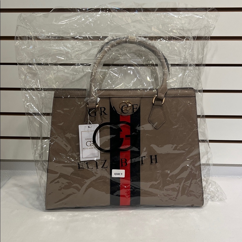 Grace Elizabeth Tan handbag with black and red strip.